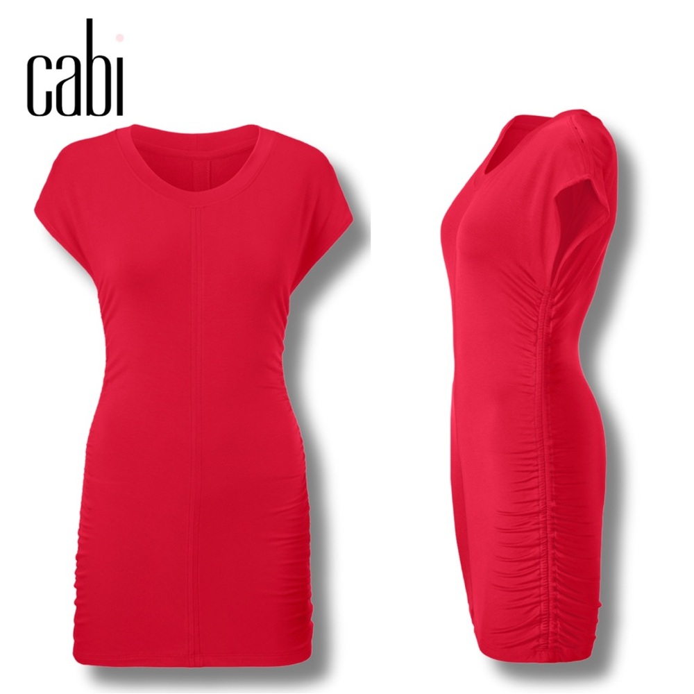 Cabi Red Whistle Tunic (Style 5616), Ruched Long Shirt or Mini Dress, size S.